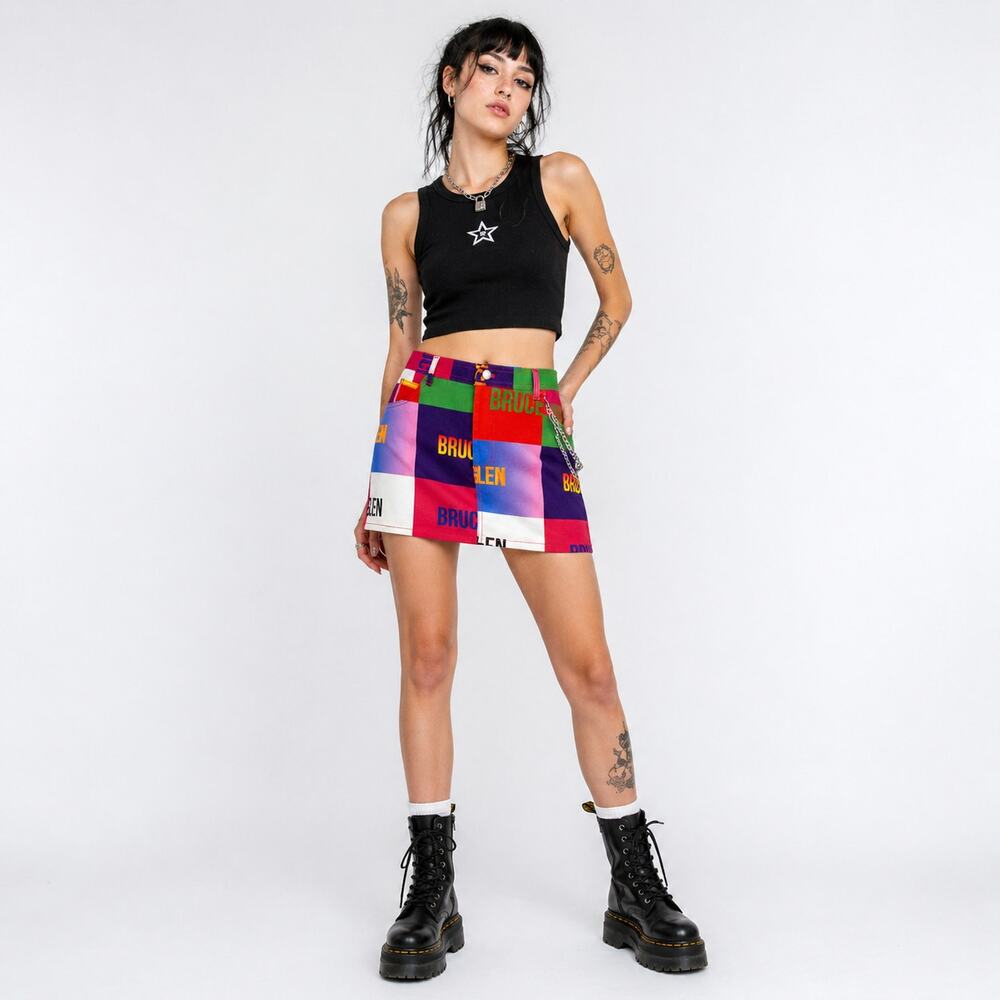 BruceGlen Colorblock Logo Mini Skirt Size 25 Pop Art Organic Cotton Denim